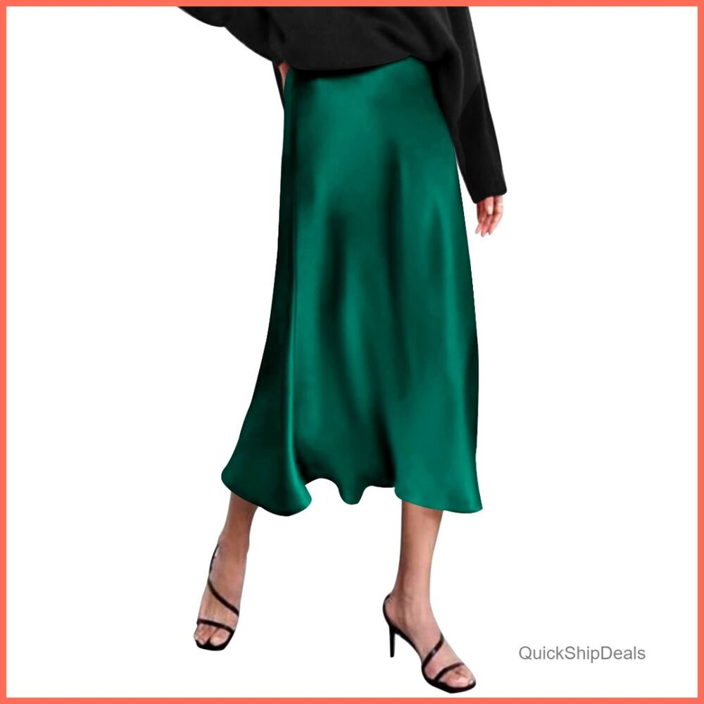 Satin Midi Skirt High Waisted Elegant Work Skirt